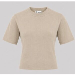 Vintage Y2K Dalmys Beige Knit Short‎ Sleeve Sweater Womens M Minimalist Stretch